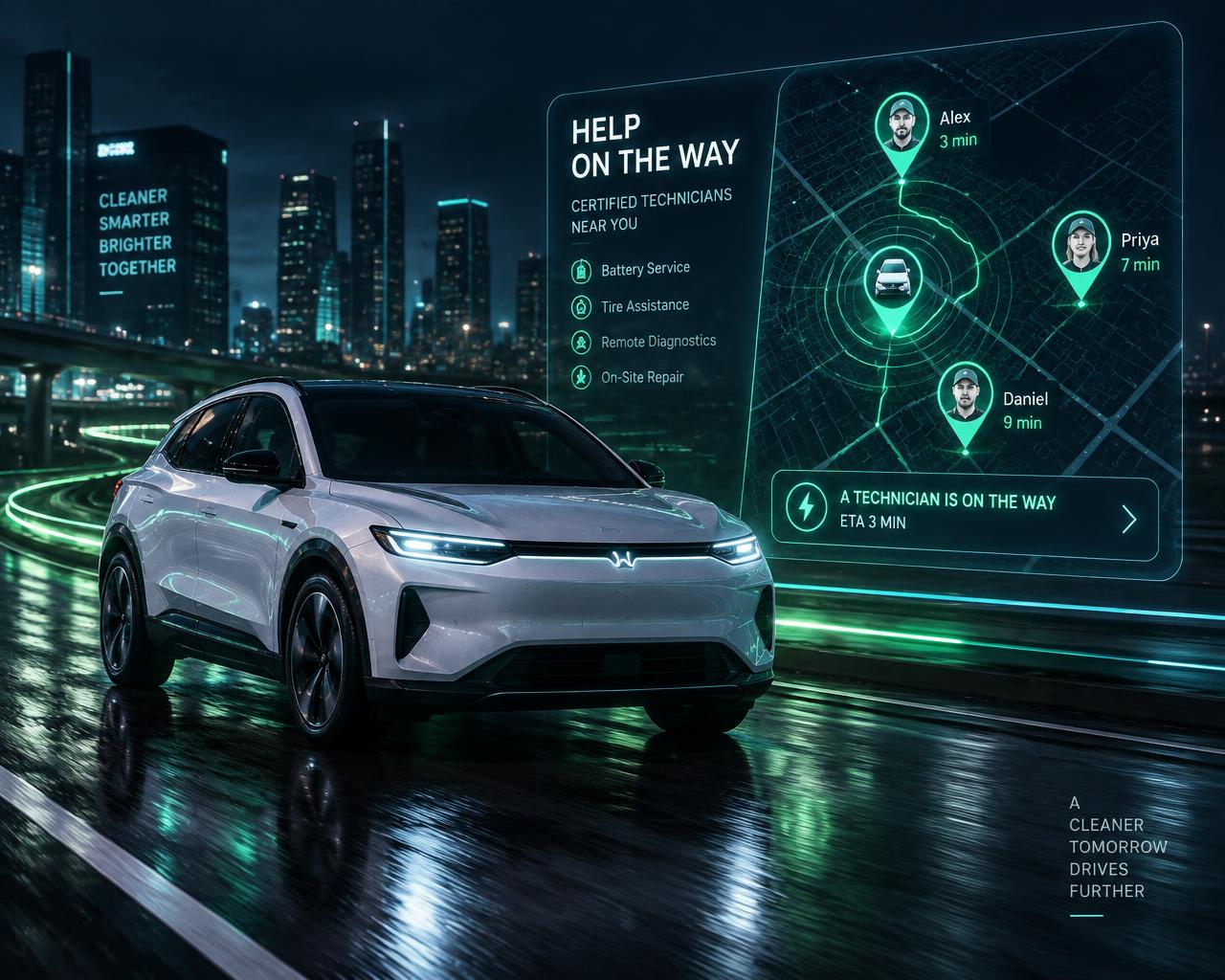 Electric vehicle receiving roadside assistance with nearby technicians on a live map